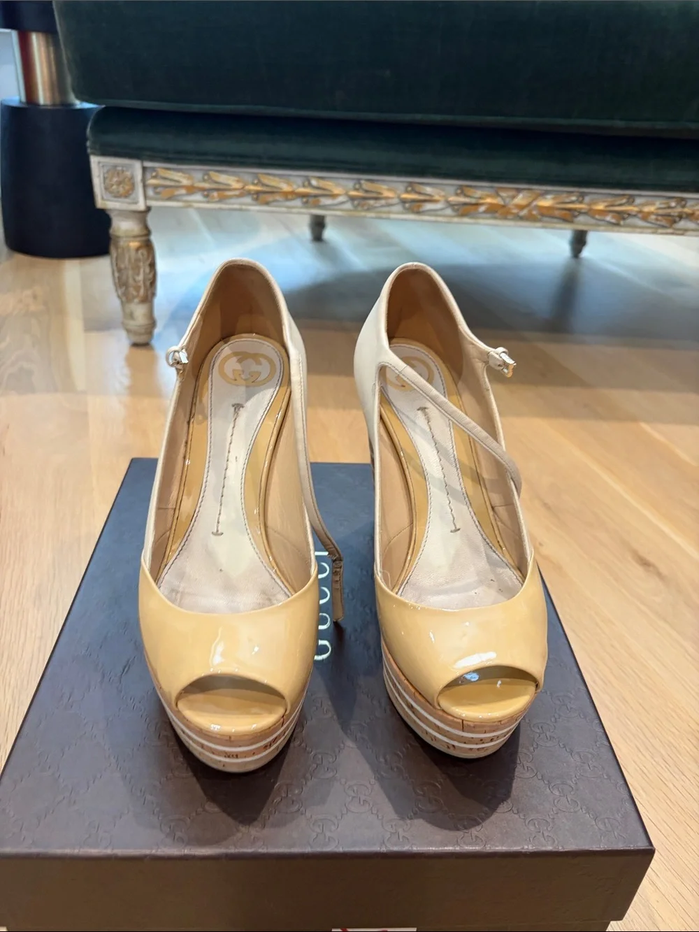 Gucci Yellow Patent Leather Peep-Toe Platform Heels with Ankle Strap